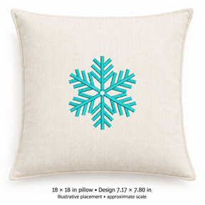 Illustrative placement of Turquoise Branched Snowflake Embroidery Design, design 7.17 × 7.80 in on an 18 × 18 in pillow; approximate scale.