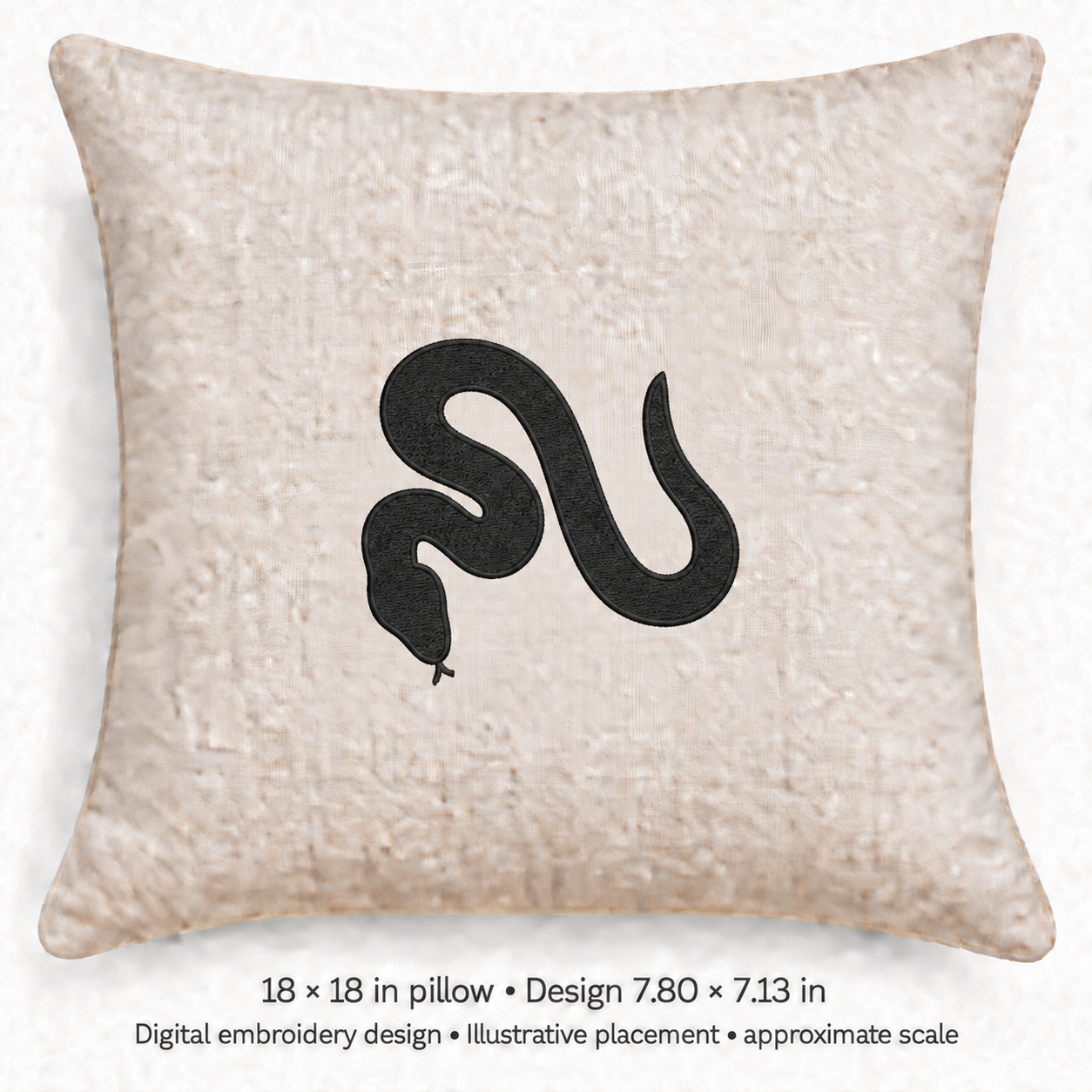 Illustrative placement of Curved Snake Silhouette Embroidery Design, design 7.80 × 7.13 in on an 18 × 18 in pillow; approximate scale.