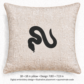 Illustrative placement of Curved Snake Silhouette Embroidery Design, design 7.80 × 7.13 in on an 18 × 18 in pillow; approximate scale.