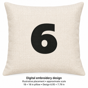 Illustrative placement of Bold Number 6 Embroidery Design, design 6.95 × 7.79 in on an 18 × 18 in pillow; approximate scale.
