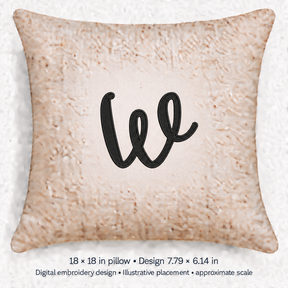 Illustrative placement of Lowercase Script Letter W Embroidery Design, design 7.79 × 6.14 in on an 18 × 18 in pillow; approximate scale.