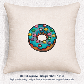 Illustrative placement of Candy-Topped Donut Embroidery Design, design 7.80 × 7.47 in on an 18 × 18 in pillow; approximate scale.
