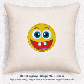 Illustrative placement of Two-Tooth Smiling Emoji Embroidery Design, design 7.80 × 7.80 in on an 18 × 18 in pillow; approximate scale.