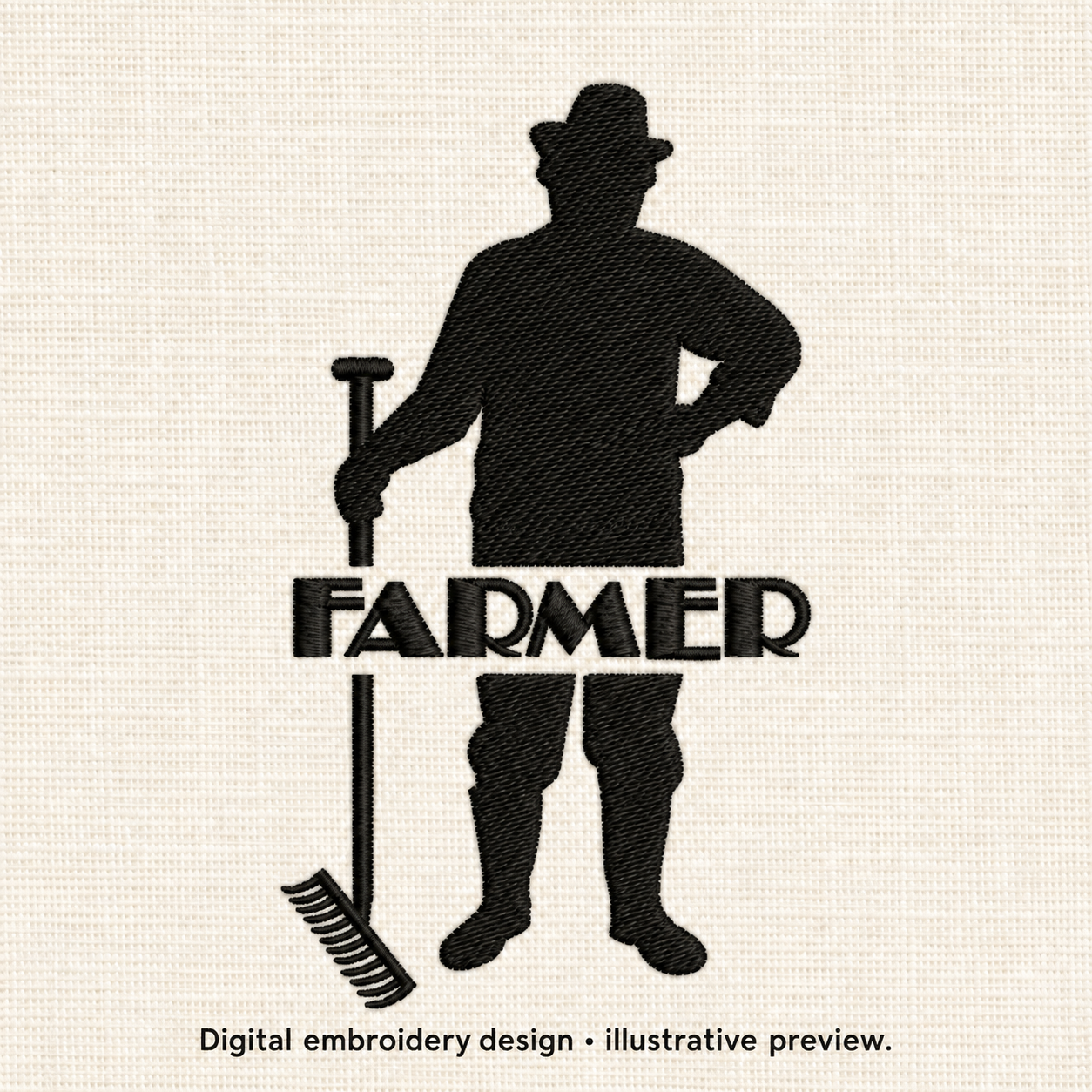 Illustrative preview of Farmer Silhouette with Rake Machine Embroidery Design.