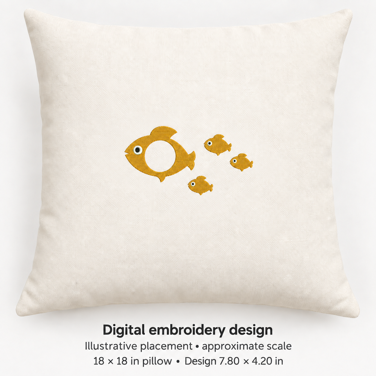 Illustrative placement of Four Golden Fish Embroidery Design, design 7.80 × 4.20 in on an 18 × 18 in pillow; approximate scale.