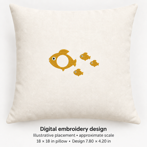 Illustrative placement of Four Golden Fish Embroidery Design, design 7.80 × 4.20 in on an 18 × 18 in pillow; approximate scale.