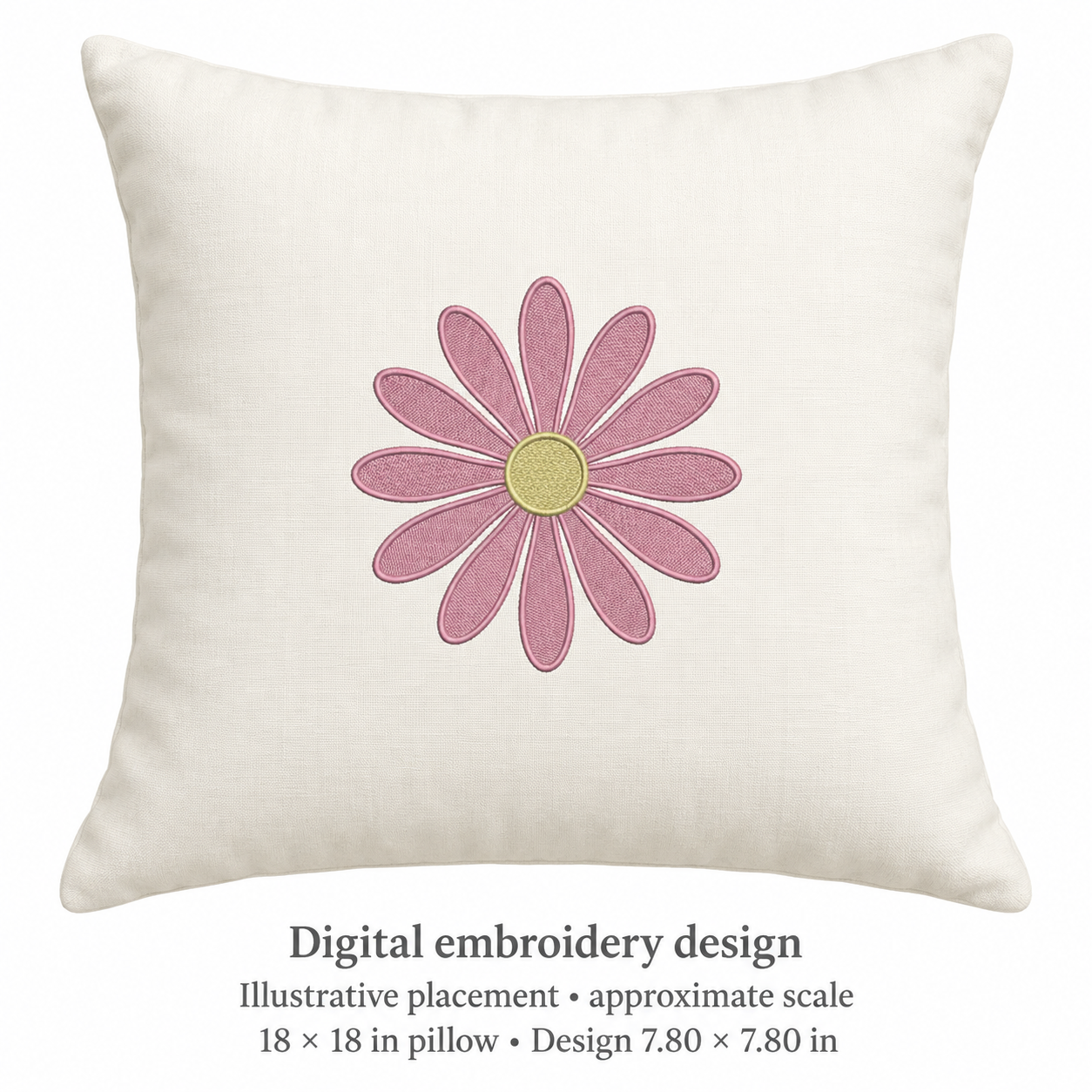 Illustrative placement of Pink Daisy-Style Flower Embroidery Design, design 7.80 × 7.80 in on an 18 × 18 in pillow; approximate scale.