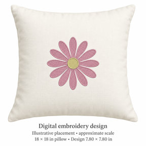 Illustrative placement of Pink Daisy-Style Flower Embroidery Design, design 7.80 × 7.80 in on an 18 × 18 in pillow; approximate scale.