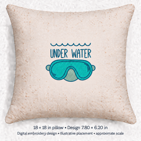 Illustrative placement of Under Water Diving Mask Embroidery Design, design 7.80 × 6.20 in on an 18 × 18 in pillow; approximate scale.