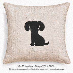 Illustrative placement of Seated Puppy Silhouette Embroidery Design, design 7.57 × 7.82 in on an 18 × 18 in pillow; approximate scale.
