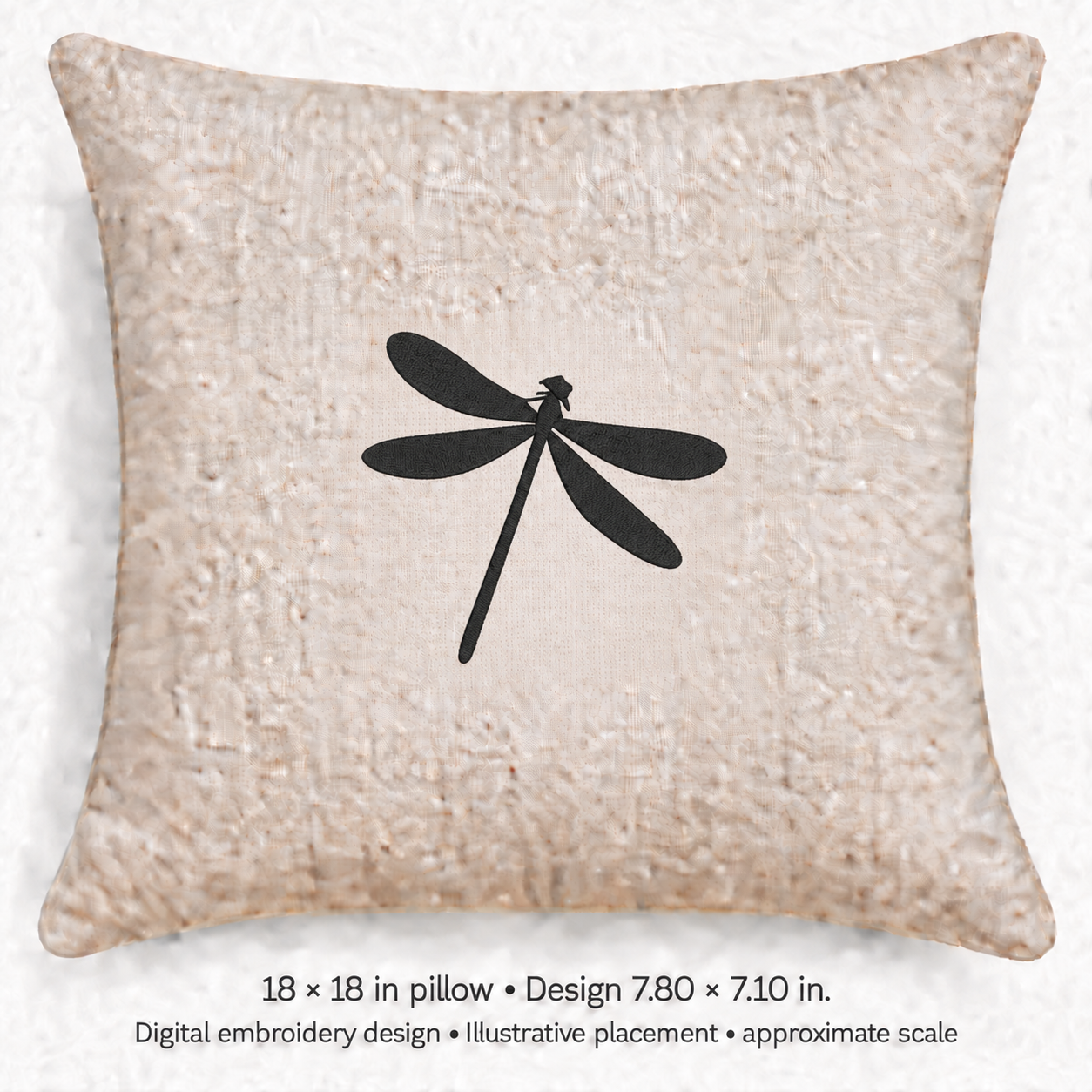 Illustrative placement of Long-Tailed Dragonfly Silhouette Embroidery Design, design 7.80 × 7.10 in on an 18 × 18 in pillow; approximate scale.