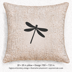 Illustrative placement of Long-Tailed Dragonfly Silhouette Embroidery Design, design 7.80 × 7.10 in on an 18 × 18 in pillow; approximate scale.