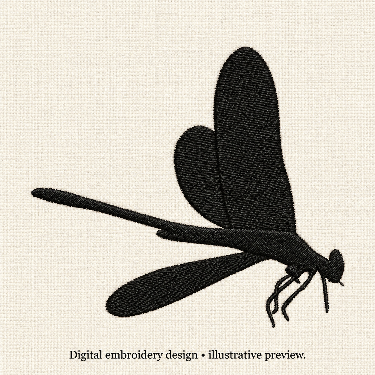 Illustrative preview of Flying Dragonfly Silhouette Embroidery Design.