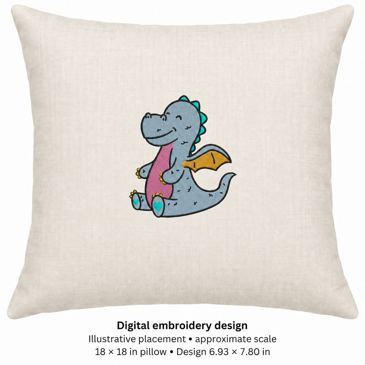 Illustrative placement of Smiling Baby Dragon Embroidery Design, design 6.93 × 7.80 in on an 18 × 18 in pillow; approximate scale.