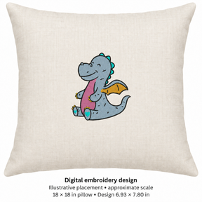Illustrative placement of Smiling Baby Dragon Embroidery Design, design 6.93 × 7.80 in on an 18 × 18 in pillow; approximate scale.