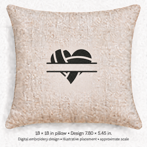 Illustrative placement of Split Paneled Heart Embroidery Design, design 7.80 × 5.45 in on an 18 × 18 in pillow; approximate scale.