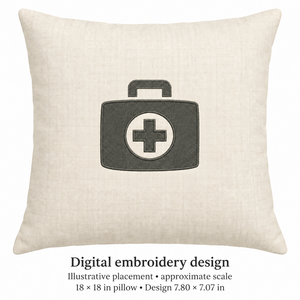 Illustrative placement of First Aid Kit Embroidery Design, design 7.80 × 7.07 in on an 18 × 18 in pillow; approximate scale.