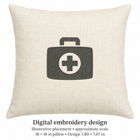 Illustrative placement of First Aid Kit Embroidery Design, design 7.80 × 7.07 in on an 18 × 18 in pillow; approximate scale.