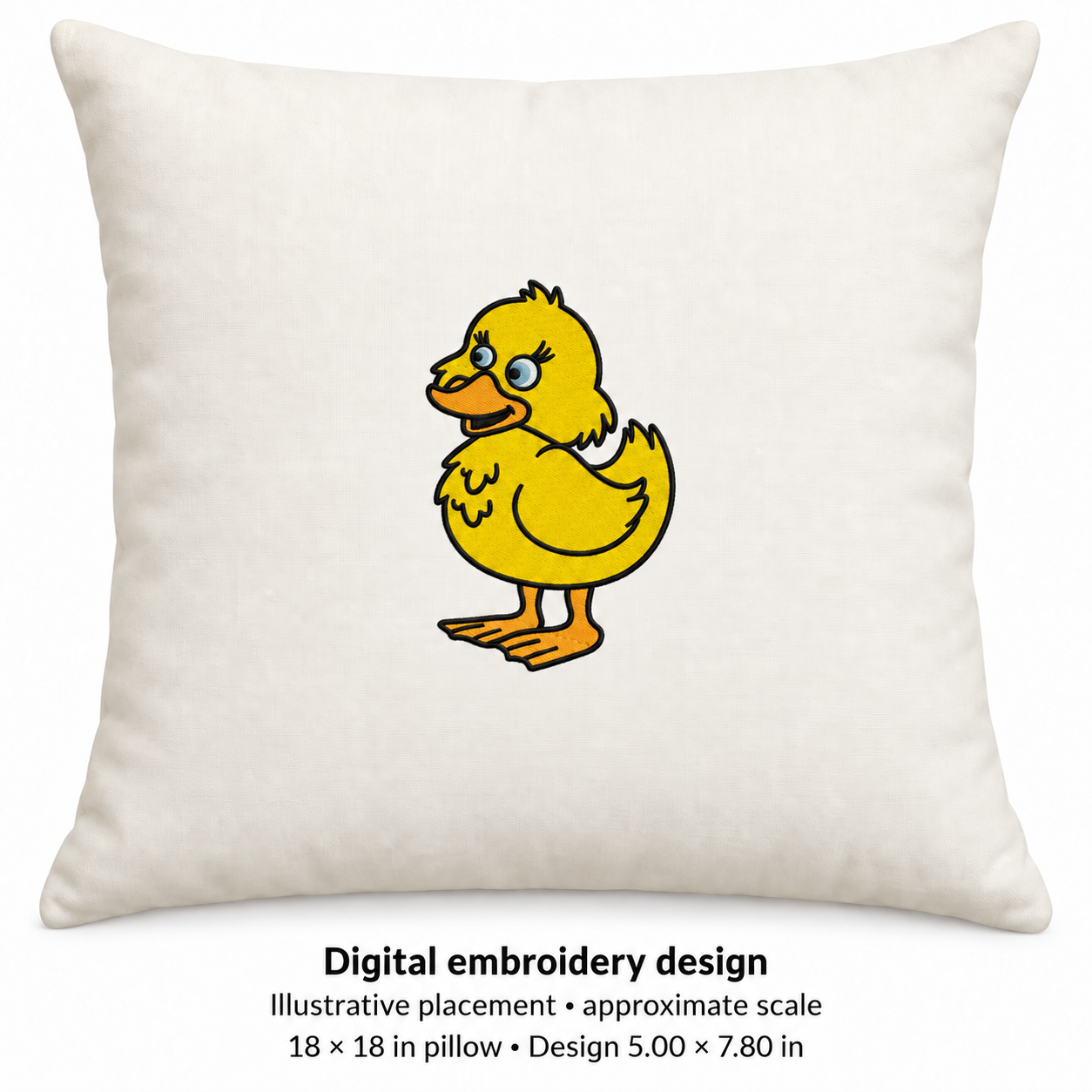 Illustrative placement of Yellow Duck Embroidery Design, design 5.00 × 7.80 in on an 18 × 18 in pillow; approximate scale.