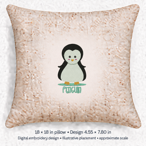Illustrative placement of Penguin with Lettering Embroidery Design, design 4.55 × 7.80 in on an 18 × 18 in pillow; approximate scale.