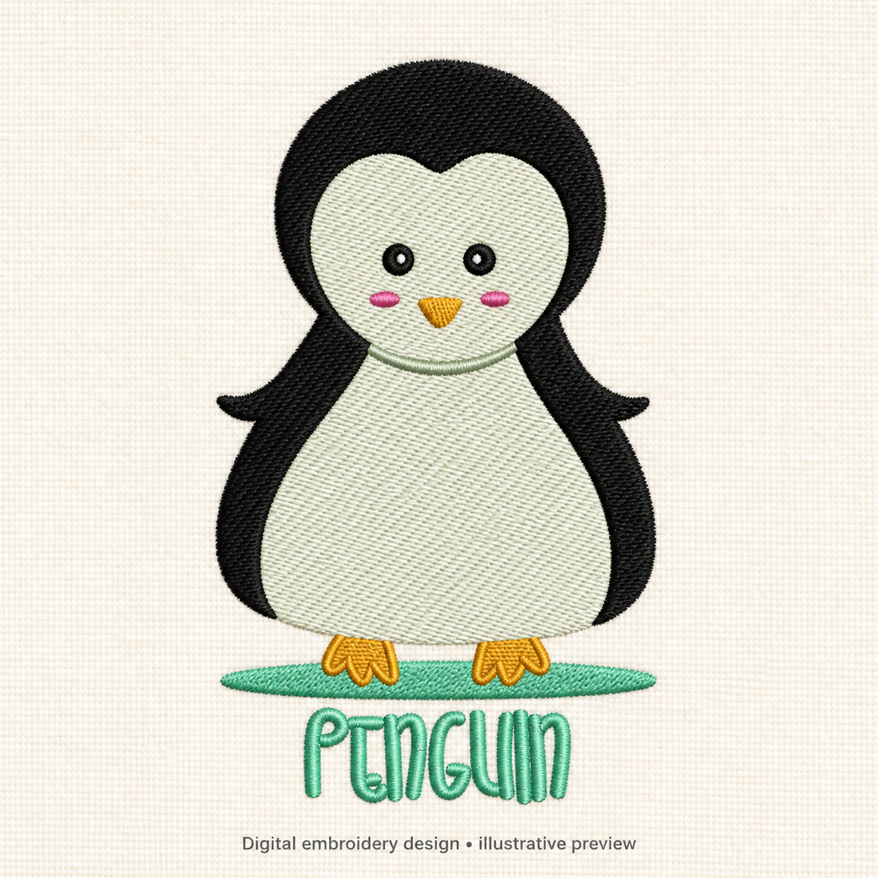 Illustrative preview of Penguin with Lettering Embroidery Design.