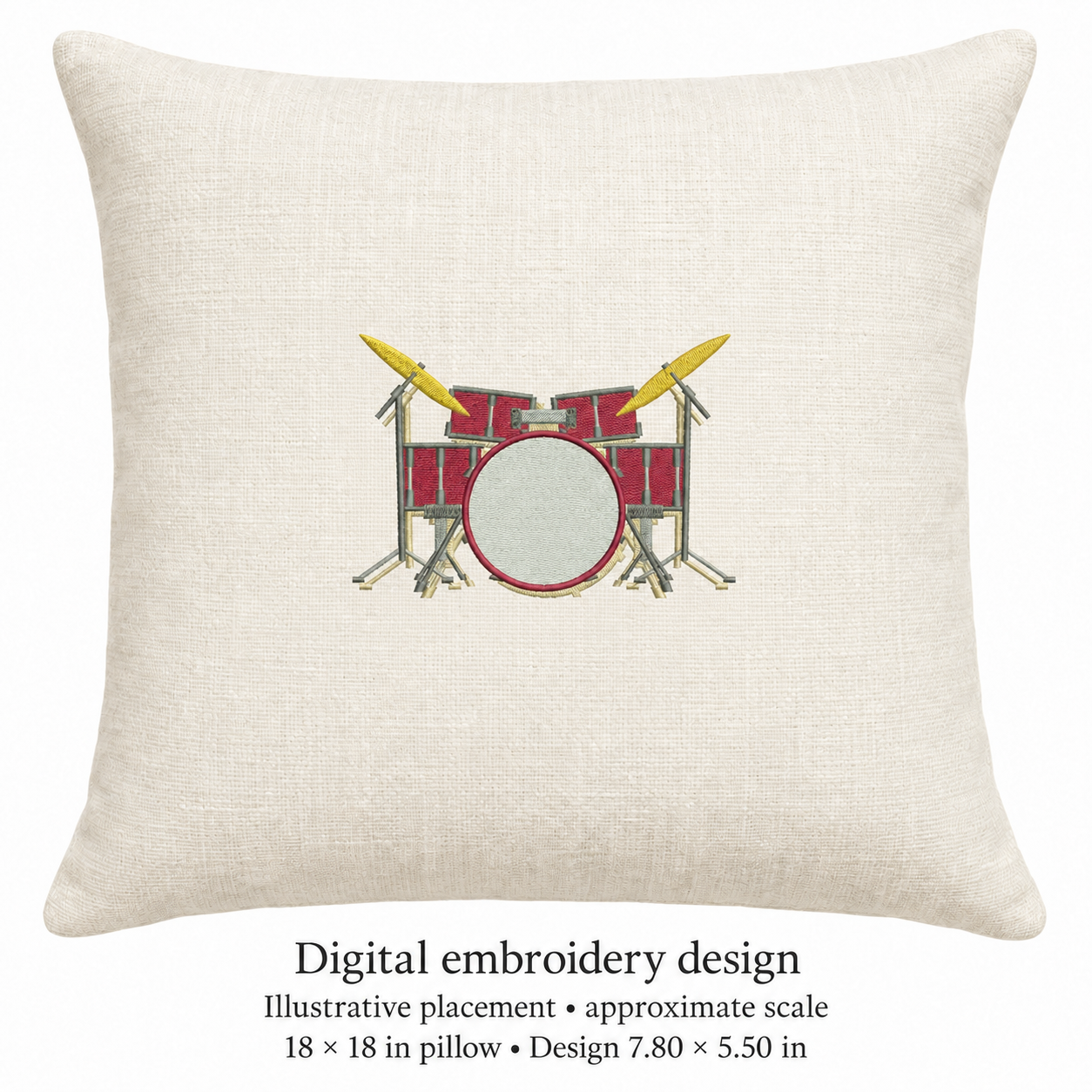 Illustrative placement of Red Drum Kit Embroidery Design, design 7.80 × 5.50 in on an 18 × 18 in pillow; approximate scale.