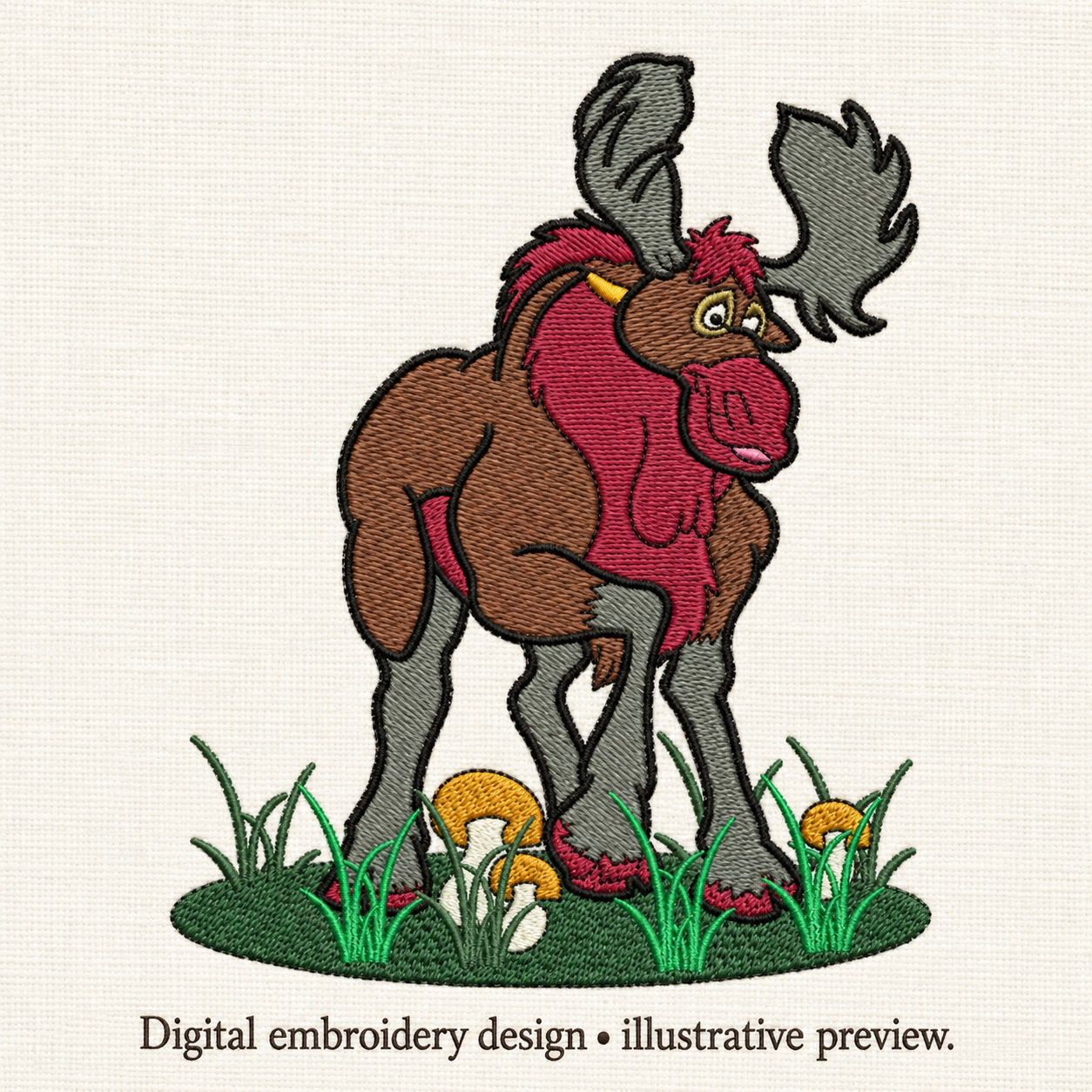 Illustrative preview of Cartoon Moose Embroidery Design.
