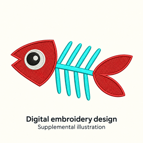 Illustrative preview of Red and Aqua Fish Skeleton Embroidery Design.