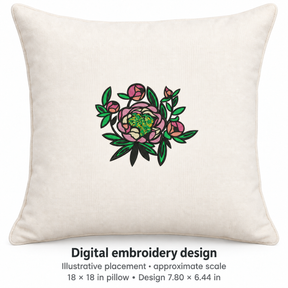 Illustrative placement of Pink Floral Bouquet Embroidery Design, design 7.80 × 6.44 in on an 18 × 18 in pillow; approximate scale.