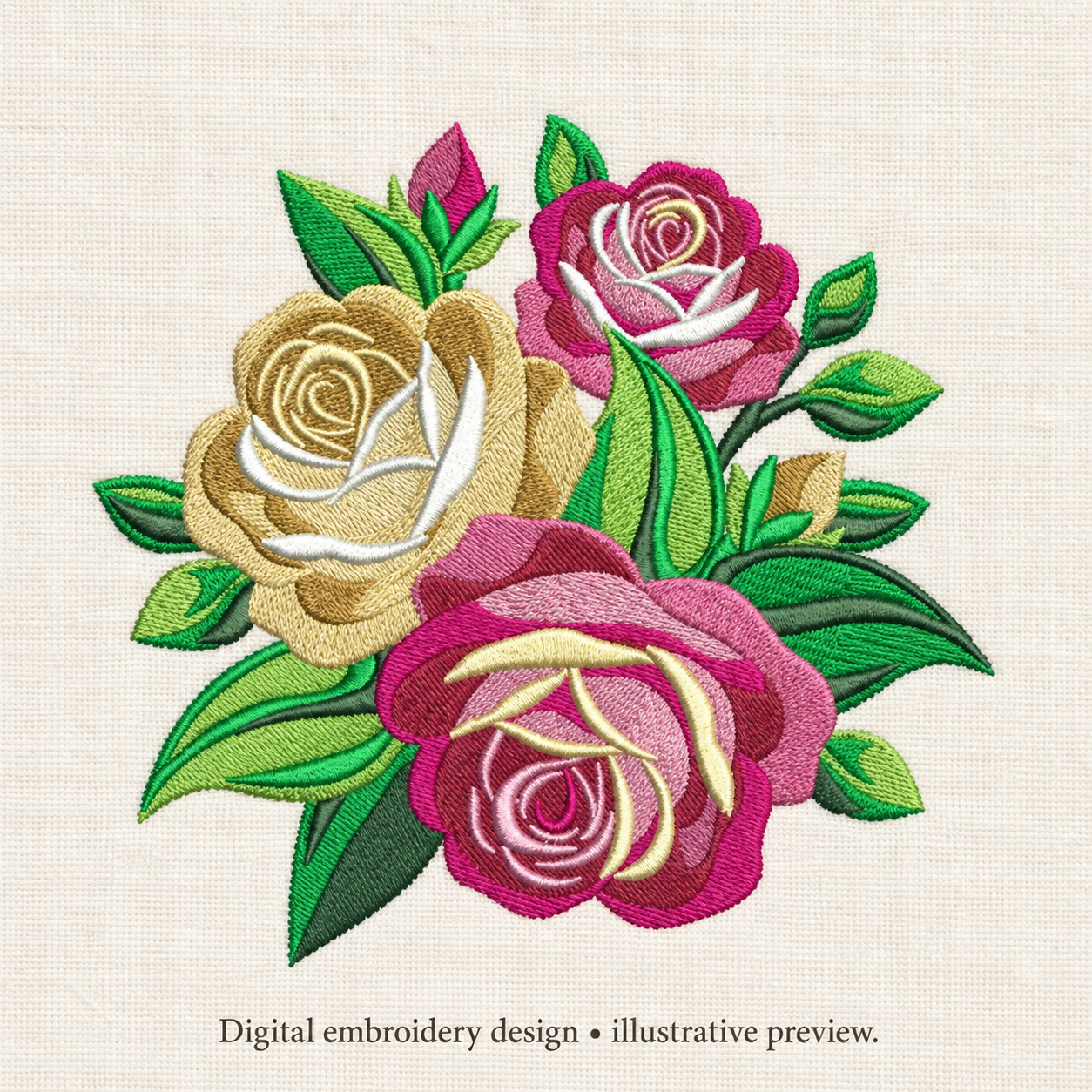 Illustrative preview of Pink and Cream Rose Bouquet Embroidery Design.