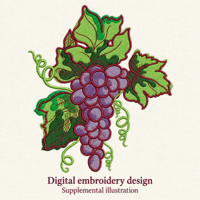 Illustrative preview of Purple Grapes and Leaves Embroidery Design.