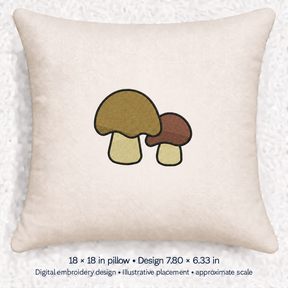 Illustrative placement of Brown Mushroom Pair Embroidery Design, design 7.80 × 6.33 in on an 18 × 18 in pillow; approximate scale.