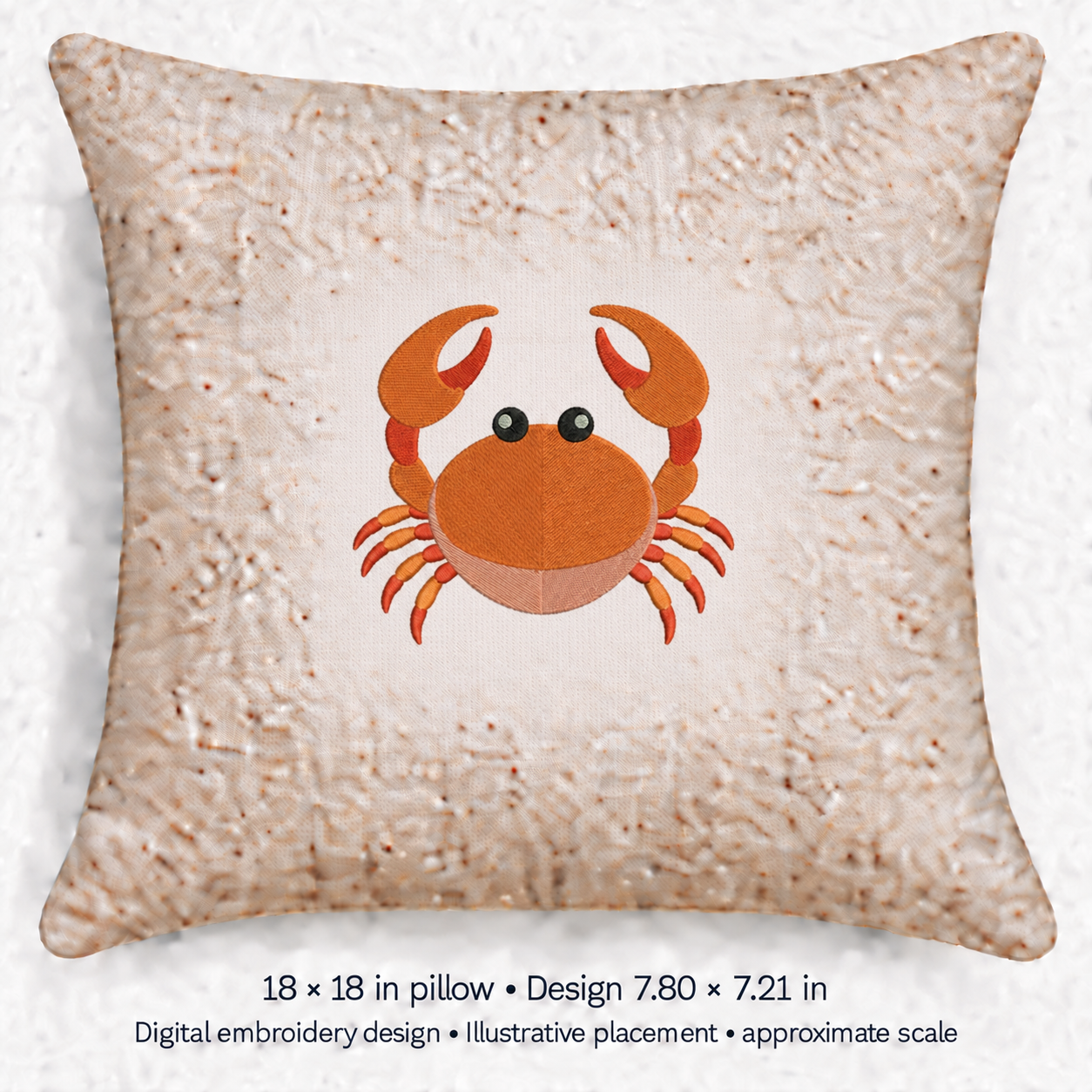 Illustrative placement of Orange Crab Embroidery Design, design 7.80 × 7.21 in on an 18 × 18 in pillow; approximate scale.