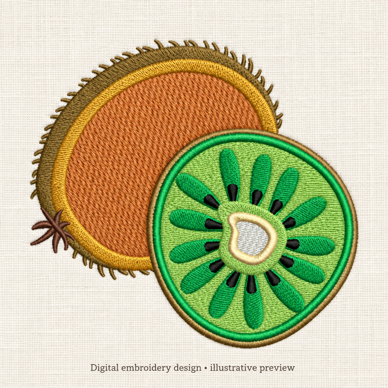Illustrative preview of Whole and Sliced Kiwi Embroidery Design.