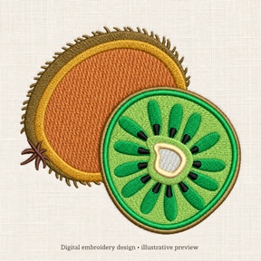 Illustrative preview of Whole and Sliced Kiwi Embroidery Design.