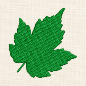 Digital embroidery mockup of Green Maple Leaf Silhouette Machine Embroidery Design; illustrative preview.