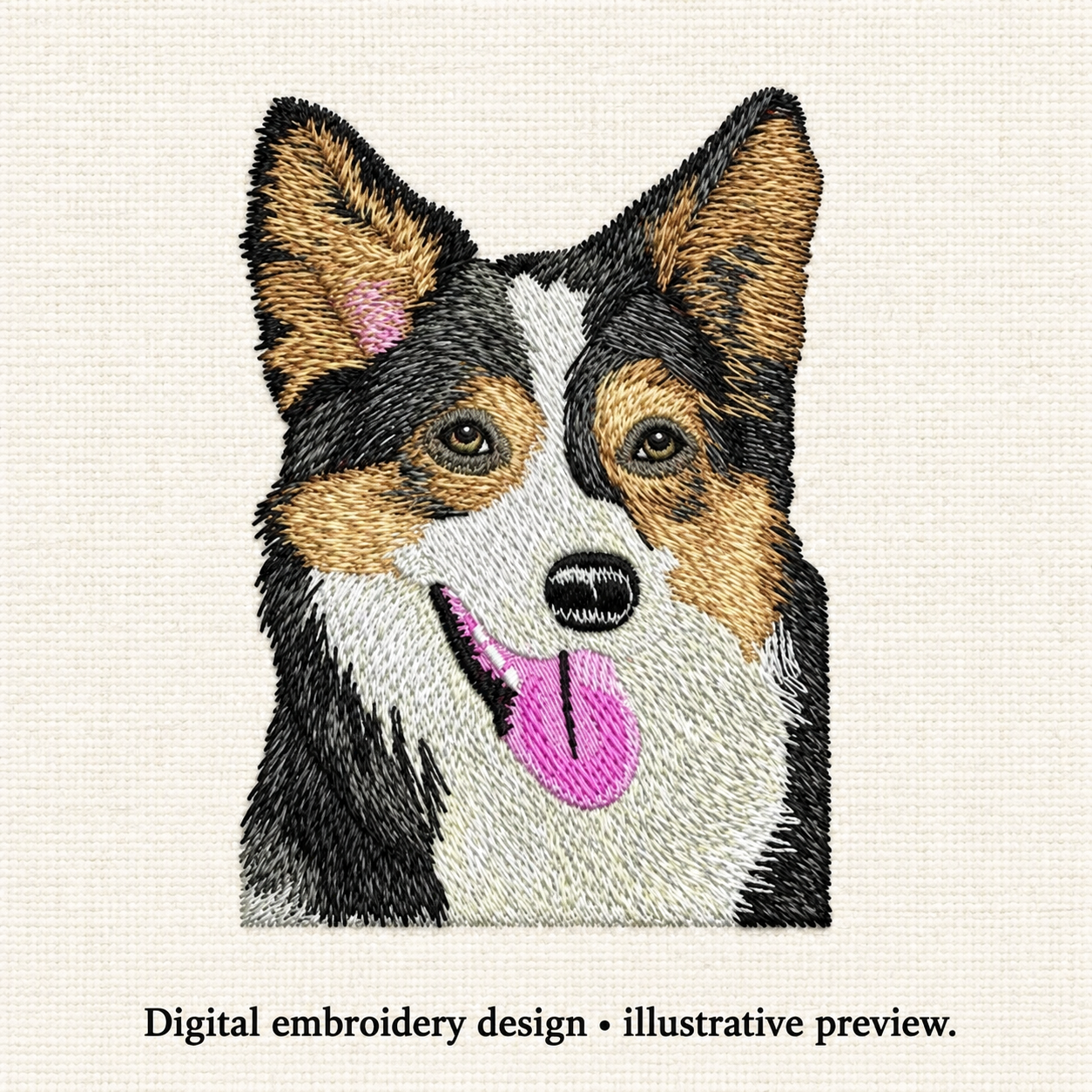 Illustrative preview of Tricolor Dog Portrait Embroidery Design.
