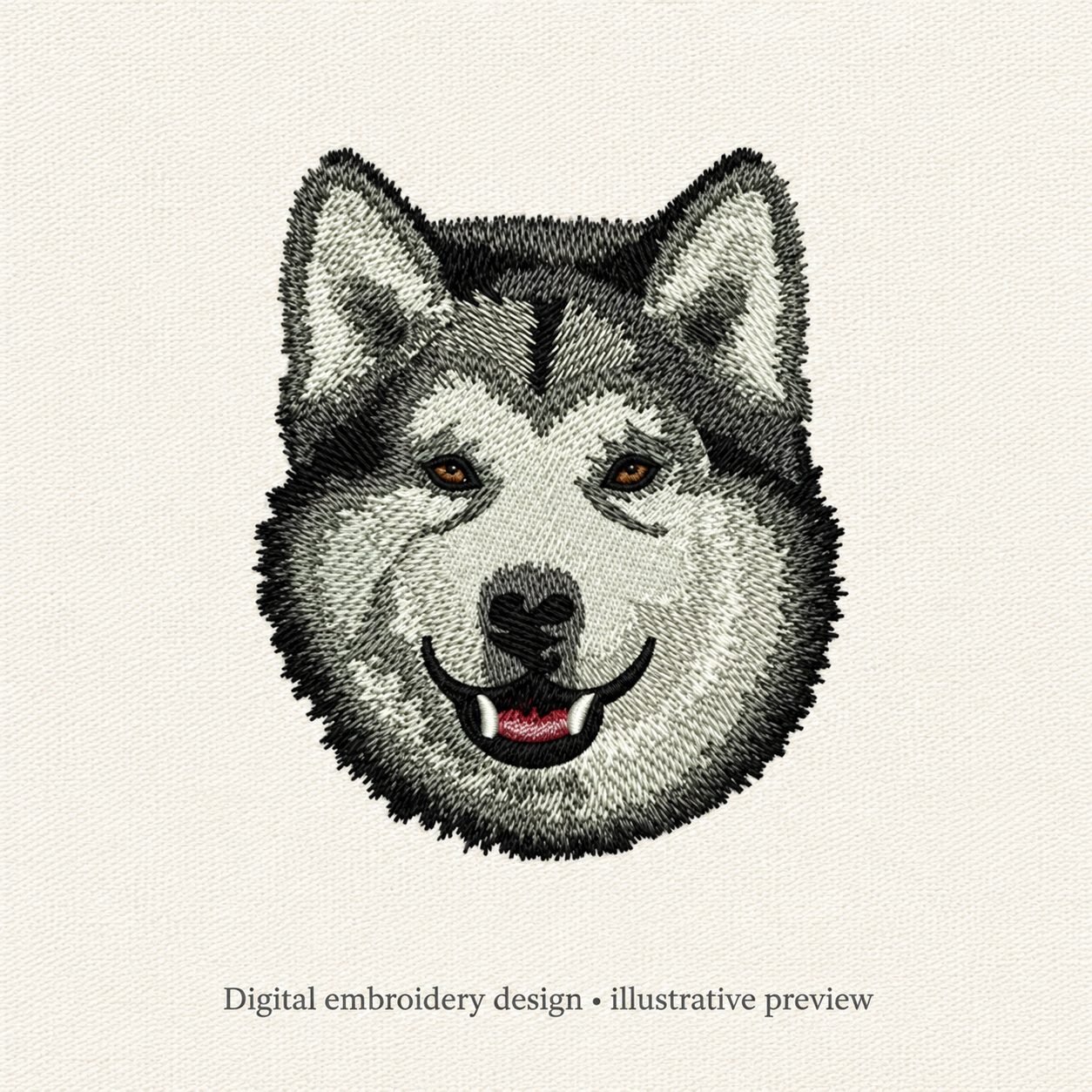 Illustrative preview of Husky Face Embroidery Design.