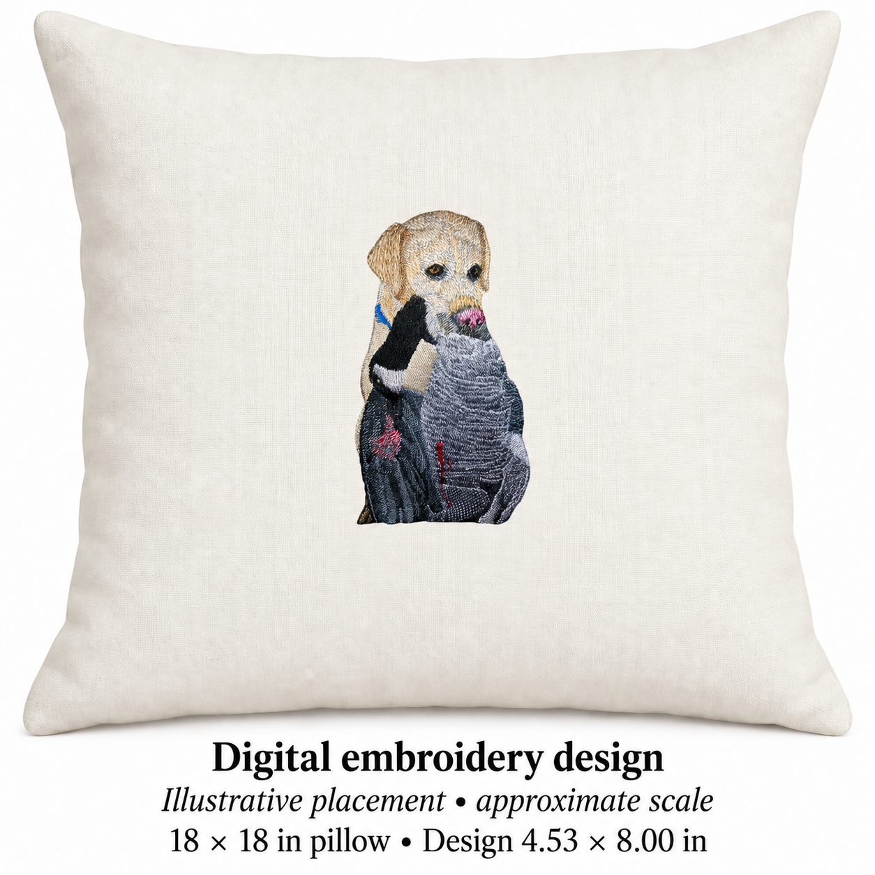 Illustrative placement of Hunting Dog with Bird Embroidery Design, design 4.53 × 8.00 in on an 18 × 18 in pillow; approximate scale.