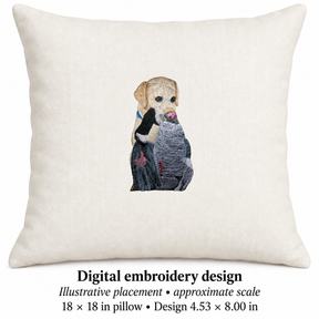 Illustrative placement of Hunting Dog with Bird Embroidery Design, design 4.53 × 8.00 in on an 18 × 18 in pillow; approximate scale.