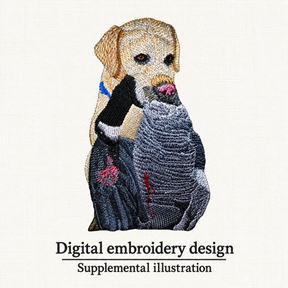 Illustrative preview of Hunting Dog with Bird Embroidery Design.