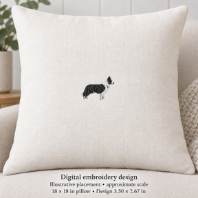 Illustrative placement of Border Collie Embroidery Design, design 3.50 × 2.67 in on an 18 × 18 in pillow; approximate scale.