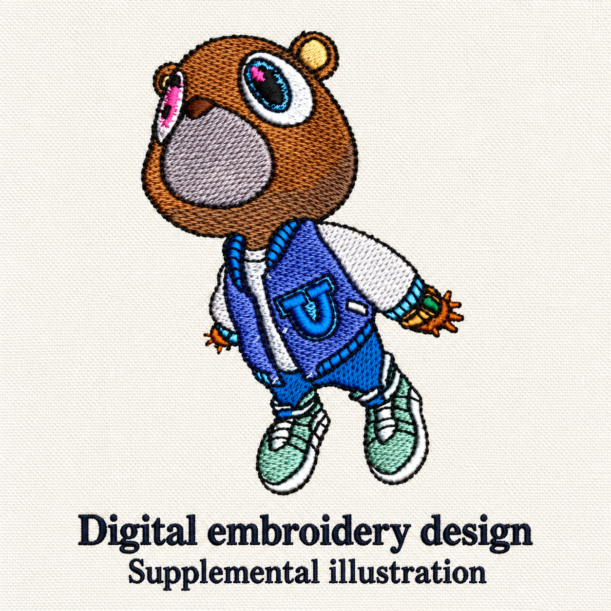 Illustrative preview of Cartoon Bear in Blue Jacket Embroidery Design.