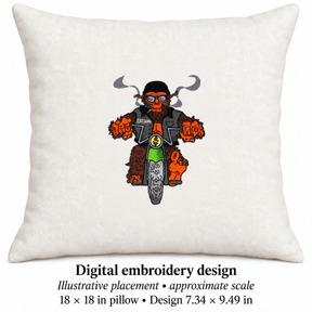 Illustrative placement of Bigfoot Biker Embroidery Design, design 7.34 × 9.49 in on an 18 × 18 in pillow; approximate scale.