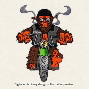 Illustrative preview of Bigfoot Biker Embroidery Design.