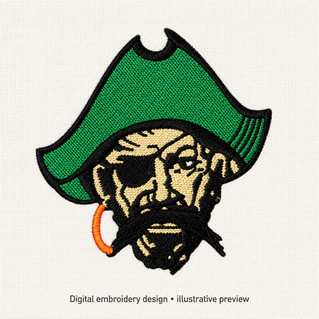 Illustrative preview of Pirate Head with Green Hat Embroidery Design.