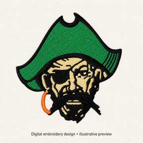 Illustrative preview of Pirate Head with Green Hat Embroidery Design.