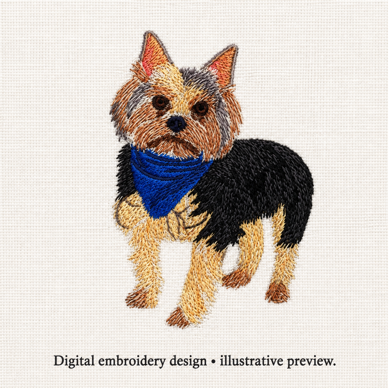 Illustrative preview of Yorkie with Blue Bandana Embroidery Design.