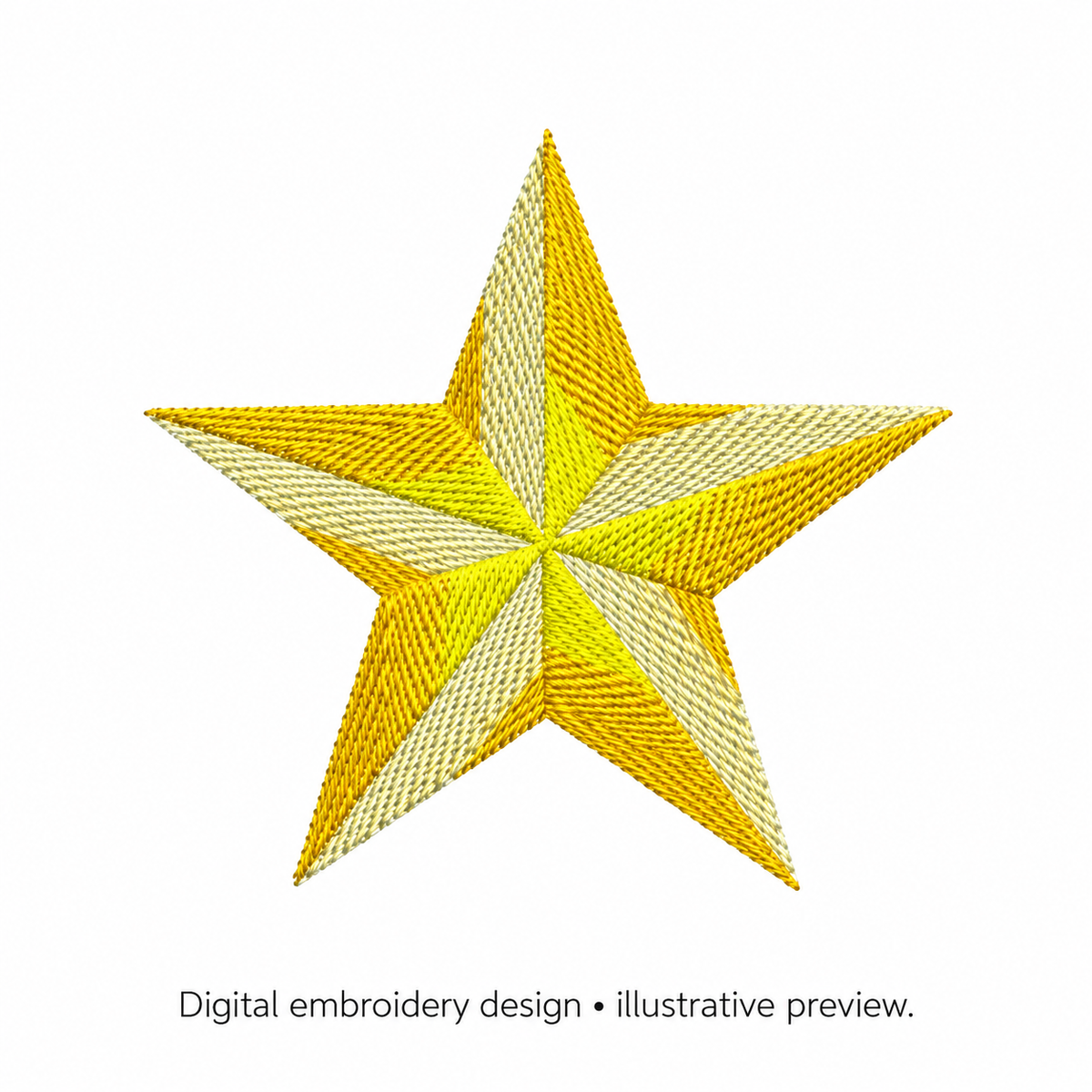 Digital embroidery mockup of Faceted Gold Star Machine Embroidery Design; illustrative preview.