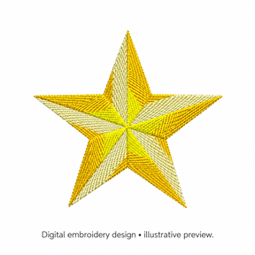 Digital embroidery mockup of Faceted Gold Star Machine Embroidery Design; illustrative preview.